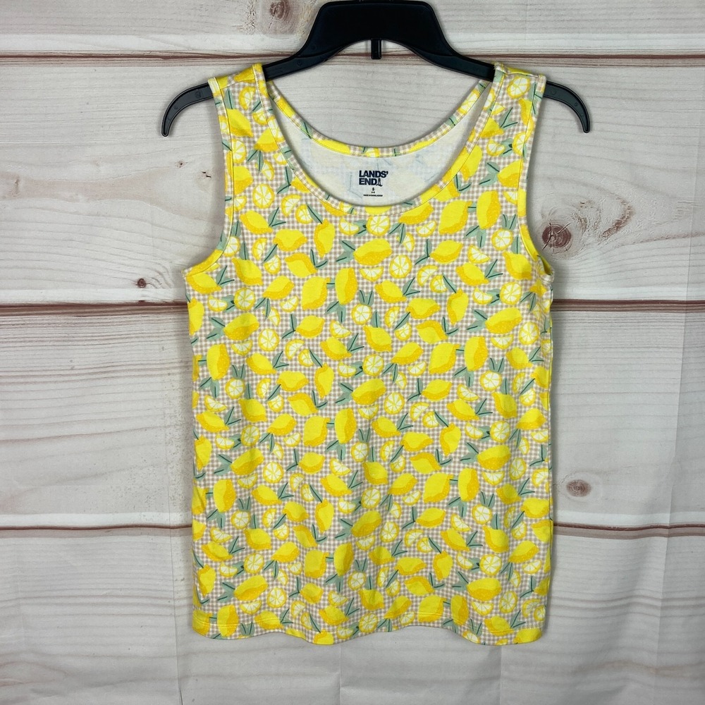 Lands End Top Womens S Yellow Lemon Gingham Cotton Tank Sleeveless Scoop Neck